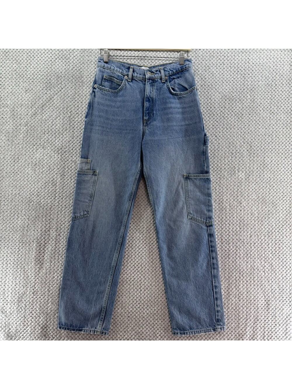 Zara Jeans Womens 4 Blue Medium Wash Cargo Carpenter Straight Legh High Rise